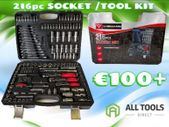 216pc Socket Set 1/4 3/8 & 1/2 Sq Drive 6pt With Bit & Spanner Set