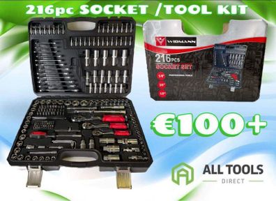 216pc Socket Set 1/4 3/8 & 1/2 Sq Drive 6pt With Bit & Spanner Set