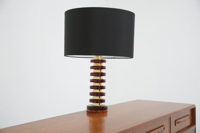 Vintage Swedish Amber Glass & Brass Table Lamp by MAE Lighting, 1960s.