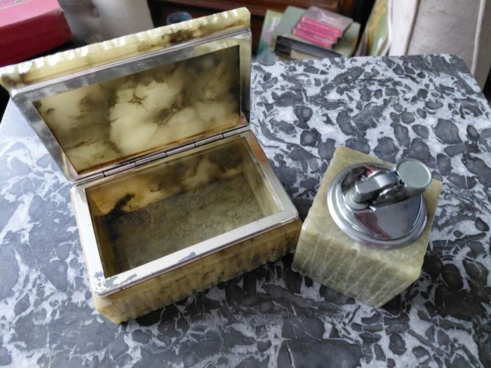 Antique Italian alabaster smoking set cigarette box and lighter