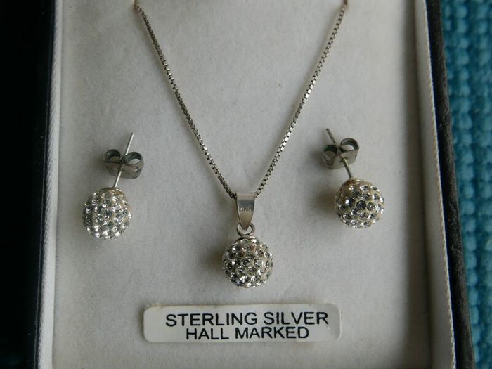 925 Sterling Silver Shamballa Style Crystal Disco Ball Earrings Pendant + Necklace Set