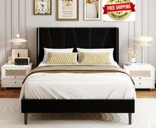 Double Bed Frame with Headboard, Velvet Geometric Tufted Upholstered Platform Bed Frames, Contemporary Mattress Foundation, No Box Spring Needed, Noise Free, Easy Assembly, Black