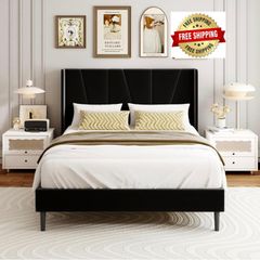 Double Bed Frame with Headboard, Velvet Geometric Tufted Upholstered Platform Bed Frames, Contemporary Mattress Foundation, No Box Spring Needed, Noise Free, Easy Assembly, Black