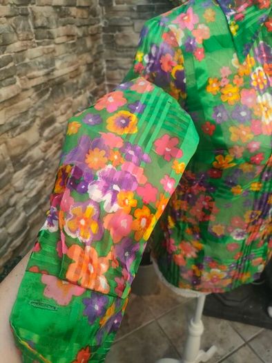 vintage 60s green floral sheer blouse