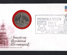 1976 USA Philatelic Numismatic Cover with Independence Half Dollar tying 18c definitive stamp tyed by Fneration Day Interphil 76 cancel