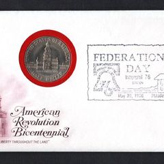 1976 USA Philatelic Numismatic Cover with Independence Half Dollar tying 18c definitive stamp tyed by Fneration Day Interphil 76 cancel