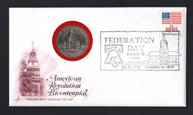 1976 USA Philatelic Numismatic Cover with Independence Half Dollar tying 18c definitive stamp tyed by Fneration Day Interphil 76 cancel