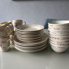 Two dinner sets, plates, side plates, mugs & bowls