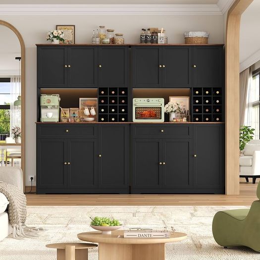 Kitchen Cabinet 180 cm Buffet Cabinet with LED Sideboard for Kitchen with Power Strip Kitchen Cabinet with Worktop and Wine Rack for 12 Bottles Kitchen Buffet Kitchen Furniture 180 x 100 x 39  N
