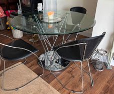 Chrome steel & tempered glass dining tsble & chairs