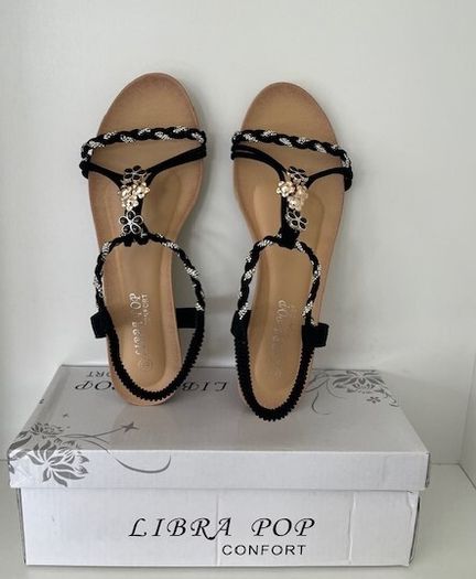 SANDALS. Libra Pop brand- Embellished With Black, Gold & Silver charms. Ultra Comfortable. Size Uk 6 Eu 39 Purchased In Toulouse. Brand New In Box.