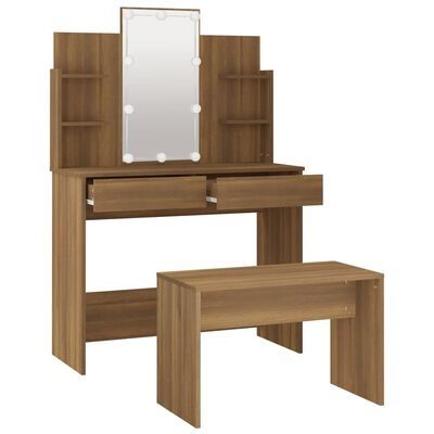 Dressing Table Set with LED Brown Oak Engineered Wood
