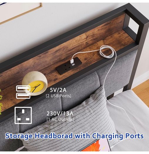 3ft Single Bed Frame with Storage Headboard,LED Lights,Metal Upholstered Platform Bed Frame with Charging Station,Mattress Foundation/Strong Slats Support/Under-bed Storage/Easy Assembly/Brown