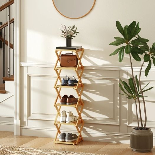 foldable 6-tier shoe stand made of bamboo, for max. 9 pairs of shoes, 30 x 29 x 108 cm, Natural