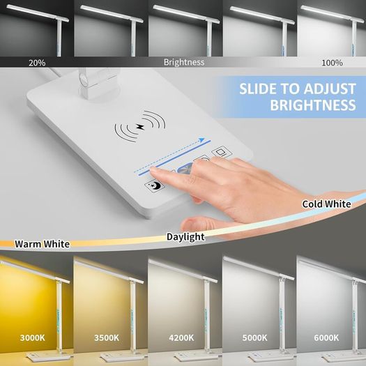 LED Desk Lamp with Wireless Charger & USB Charging Port, 5 Colors 5 Brightness Dimmable Eye-Caring Table Lamp with Night Light, LCD Screen Clock Temperature Timer Touch Control Bedside Lam