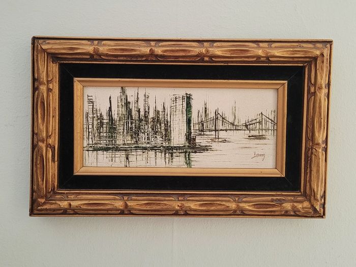 Mid-century framed oil on board cityscape