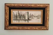 Mid-century framed oil on board cityscape