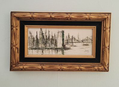 Mid-century framed oil on board cityscape