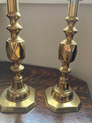 Antique brass Queen of Diamonds candlesticks pair
