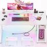 47 inch Gaming Desk with Power Outlets & LED Lights, White Computer Desk with Ergonomic Monitor Stand, Sturdy Home Office Desk for Small Spaces, Carbon Fibre Texture, Study Table for Bedroom Image 2