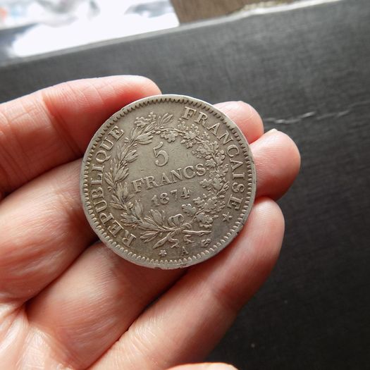 France 1874 A. Silver 5 francs."Hercules"Type.90%silver.