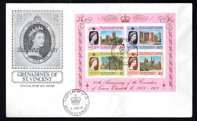 1978 The Grenadines of St Vincent 25th Anniversary of the Coronation of Queen Elizabeth II Commemorative Stamps Miniature Sheet First Day Cover (FDC)