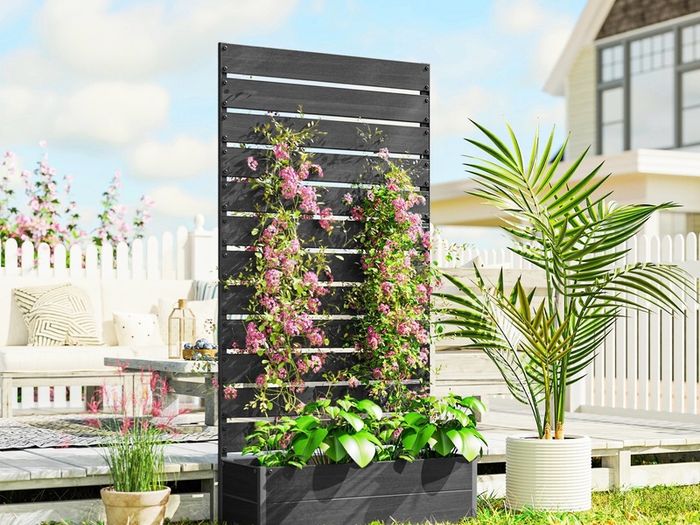 Raised Bed for Garden, Planter with Trellis for Climbing Plants, Vines, Planter Box with Drainage Gap, Black