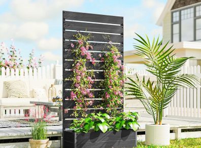 Raised Bed for Garden, Planter with Trellis for Climbing Plants, Vines, Planter Box with Drainage Gap, Black