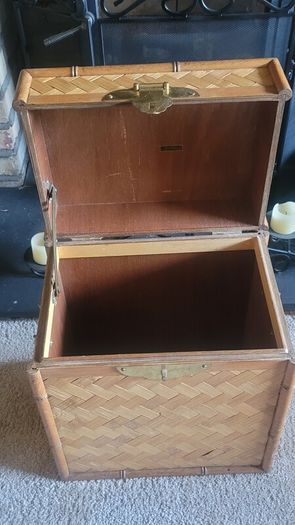 Vintage Rattan and Wood Tea Chest Storage Unit