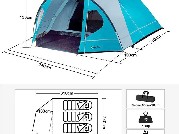 3-4 Man Tent with Porch, Camping Tent for 3 to 4 Persons with Sewn-in Groundsheet, 4000mm Waterproof Family Tent with Bedroom, Lightweight Dome Tent for Outdoor Garden Backpacking Hiking (FREE POSTAGE)