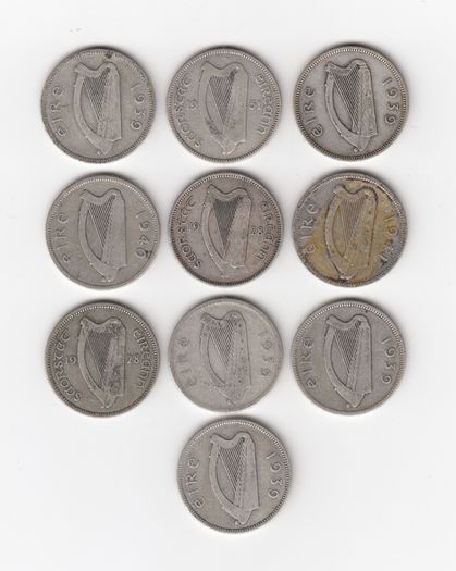 Ireland,10 x  1/-, 75% Silver Coins (No: G39)