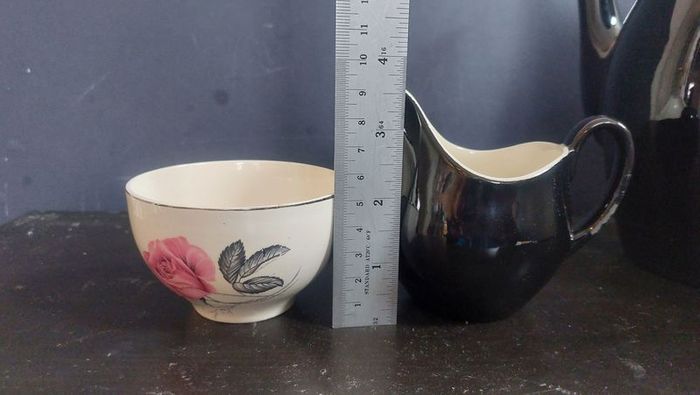 Stunning Vintage MCM 1950's Coffee Set for Six, Including Coffee Pot, by Johnson Bros, in Black and Cream with Pink Rose Detailing and Platinum Gilt Design