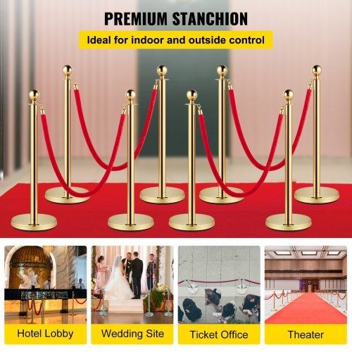 Crowd Control Stanchion, Set of 8 Pieces Stanchion Set, Stanchion Set with 5 ft/1.5 m Red Velvet Rope, Gold Crowd Control Barrier w/ Sturdy Concrete and Metal Base  Easy Connect Assembly