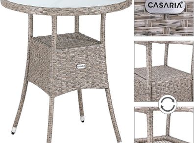 Polyrattan Side Table / Garden Table with Frosted Glass Table Top - 60-80 cm, Choice of Colours, 60cm, Grey / Beige