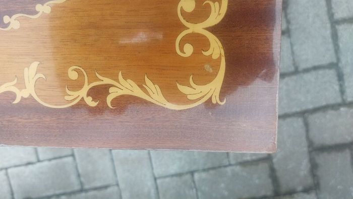Vintage Mid Century Side Table with a Handmade Marquetry Panel Top Featuring a Floral Motif, Unknown Maker, Presume Italian-Made, Condition Issues, Needs Restoring