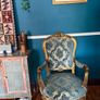 Beautiful Antique French Louis XV Style Gilt Armchair - Ornate Carved Blue Damask Image 2
