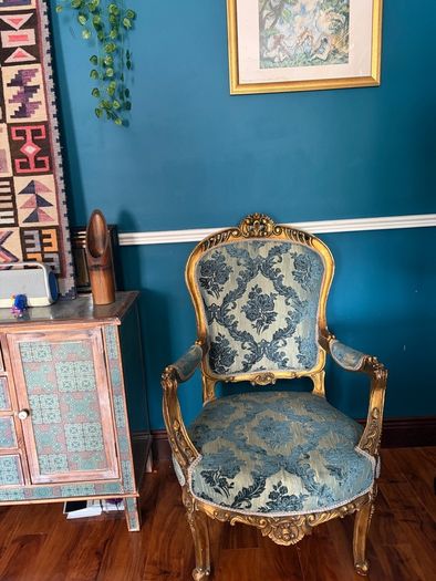 Beautiful Antique French Louis XV Style Gilt Armchair - Ornate Carved Blue Damask