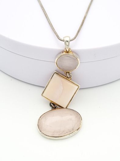 925 Vintage Sterling Silver Rose Quartz & Mother Of Pearl Necklace