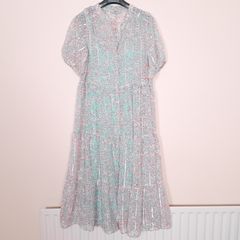 JD Williams Pastel Cyan Blue Floral Metallic Sparkly Tiered Midi Dress 14UK/42EU