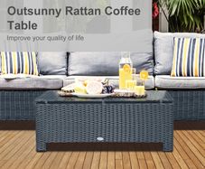 Rattan Garden Furniture Coffee Table Patio Iron Frame Tempered Glass (Black