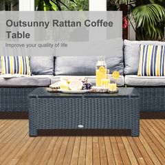 Rattan Garden Furniture Coffee Table Patio Iron Frame Tempered Glass (Black