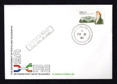 1981 Ireland 150th Anniversary of James Hoban (Architect of White House, USA) Commemorative Stamp An Post First Day Cover (FDC) with Durlas (Thurles) cancel