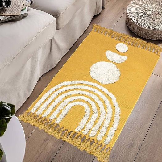 MULTIPLE SIZES AVAILABLE Boho Small Rug 60x90cm Washable Cotton Rug, Yellow Cute Rainbow Hand Woven Tufted Rugs With Tassels, Low Pile Carpet For Kitchen Bathroom Living Room Bedroom Hallway Nursery Indoor Doormat