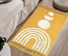 MULTIPLE SIZES AVAILABLE Boho Small Rug 60x90cm Washable Cotton Rug, Yellow Cute Rainbow Hand Woven Tufted Rugs With Tassels, Low Pile Carpet For Kitchen Bathroom Living Room Bedroom Hallway Nursery Indoor Doormat