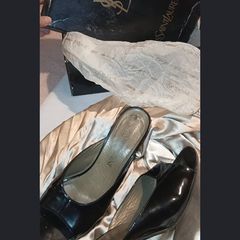 vintage 80s style YSL peep toe black painted heels worn come with original box wrapping and card .would love a new home for someone who understands good quality fashion.