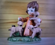 Girl With Lambs Figurine Vintage Flower