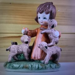 Girl With Lambs Figurine Vintage Flower