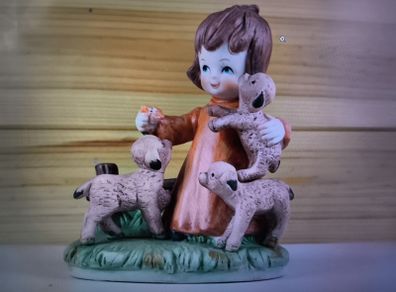 Girl With Lambs Figurine Vintage Flower