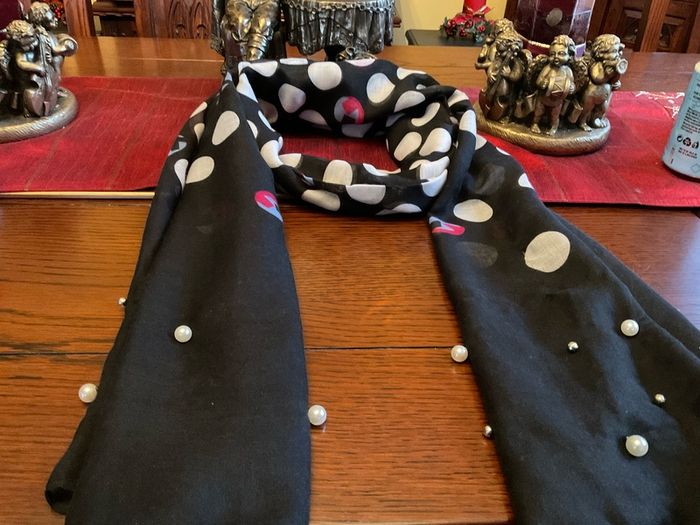 Samoon. FURTHER REDUCED.   Scarf In Black With White Polka Dots And A Littlle  Blue and Pink Also , With Decorative Pearls At The End