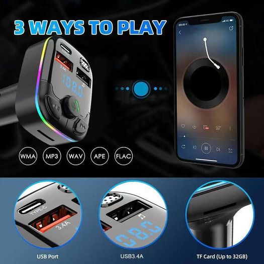 Bluetooth 5.0 FM Transmitter Car Charger PD Type-C Dual USB MP3 Player Handsfree